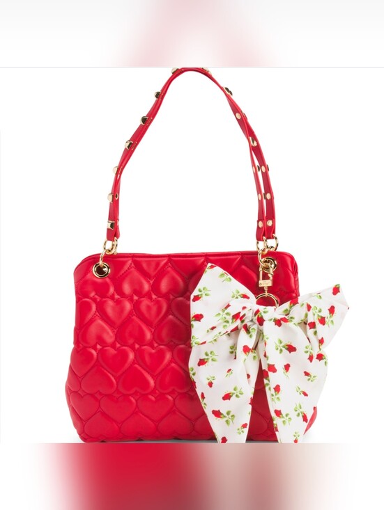 Betsey Johnson Handbags - Betsey Johnson Red Quilted Heart Tote with Rosebud Bow Charm NWT